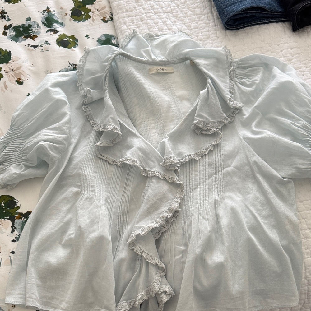 Down Light Blue Ruffled Women's Top small